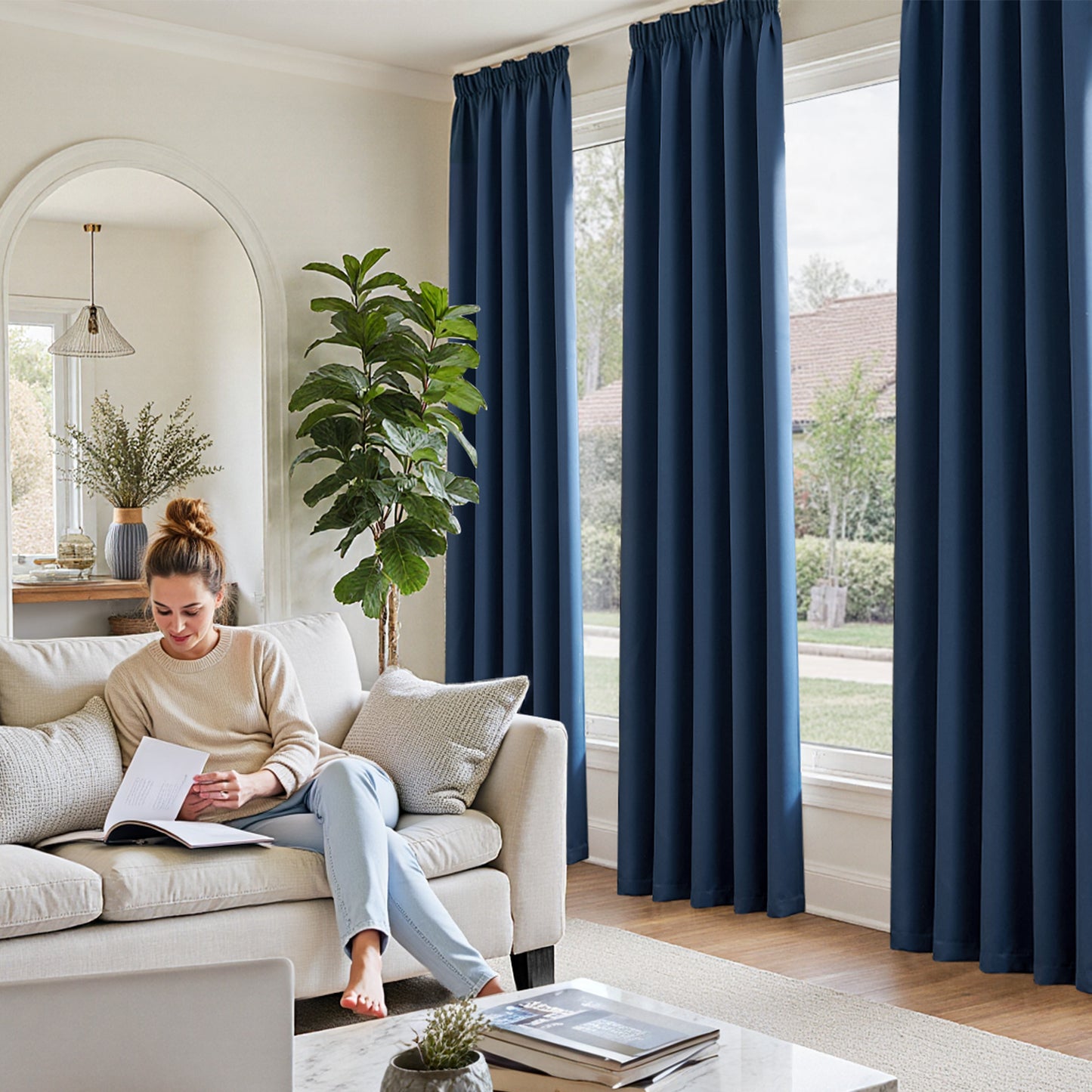 TOPICK Blackout Curtains for Living Room, Pencil Pleat Thermal Currtains for Bedroom, Room Darkening Drapes, Navy Blue, W 55" x L 63" (2 Panels)