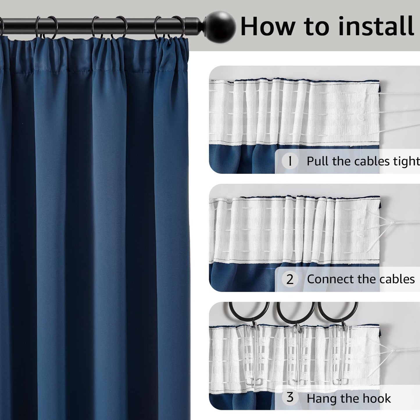 TOPICK Blackout Curtains for Living Room, Pencil Pleat Thermal Currtains for Bedroom, Room Darkening Drapes, Navy Blue, W 55" x L 63" (2 Panels)